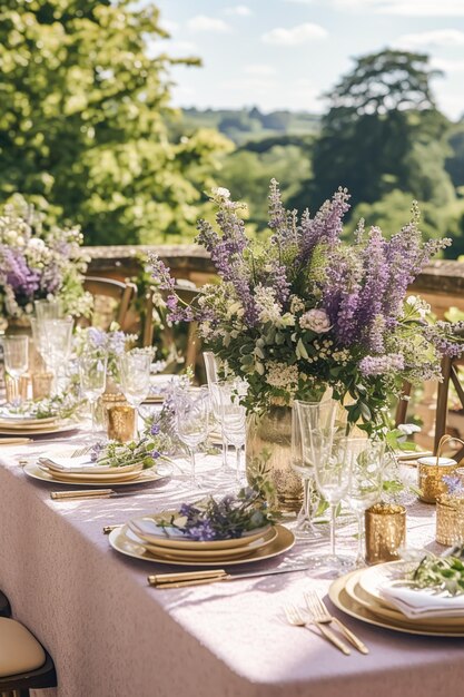 Bruiloft tablescape elegante formele eettafel gedekte tafel scape met lavendel decoratie voor vakantie feest evenement viering generatieve ai