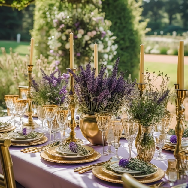 Bruiloft tablescape elegante formele eettafel gedekte tafel scape met lavendel decoratie voor vakantie feest evenement viering generatieve ai