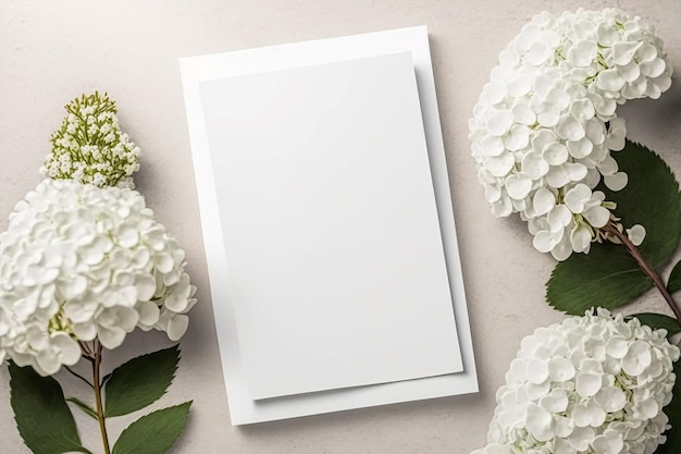 bruiloft Uitnodigingskaart lege witte mockup met gypsophila bloemdecoraties Generatieve AI