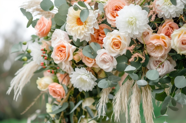 Bruiloftsboog met gedetailleerde bloemenarrangementen