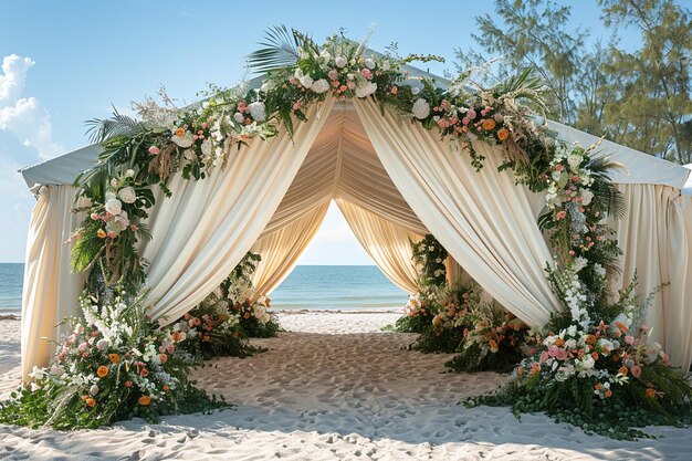 Foto bruiloftsboog versierd met bloemen en groen op het strand