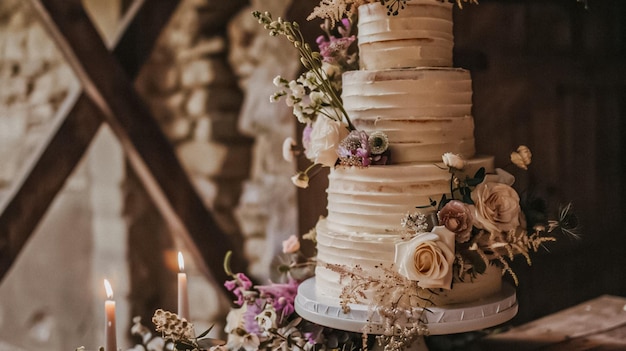 Foto bruiloftsdecoratie in het huisje bloemrijke landelijke huwelijksdecoratie taart en evenementviering engelse landelijke stijl