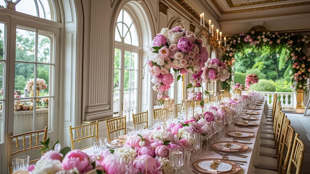 Bruiloftsdecoratie met pioenen bloemendecoratie en evenementviering pioenenbloemen en bruiloftsceremonie in de tuin Engelse landelijke stijl