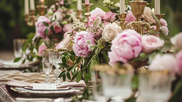 Bruiloftsdecoratie met pioenen bloemendecoratie en evenementviering pioenenbloemen en bruiloftsceremonie in de tuin Engelse landelijke stijl