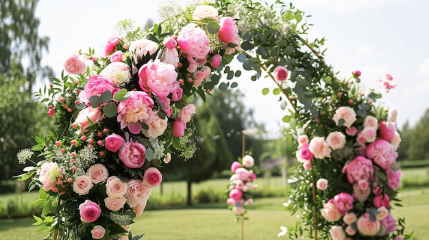 Bruiloftsdecoratie met pioenen bloemendecoratie en evenementviering pioenenbloemen en bruiloftsceremonie in de tuin Engelse landelijke stijl