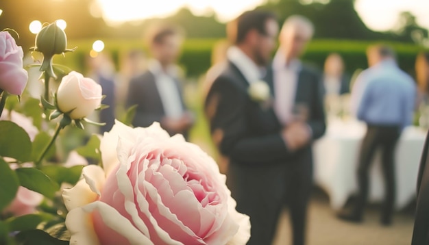 Bruiloftsgasten vieren op een prachtige buitenlocatie op een zonnige dag luxe bruiloft decoratie idee en decorinspiratie met bloemenfeest evenementviering op het tuinlandgoed Generative Ai