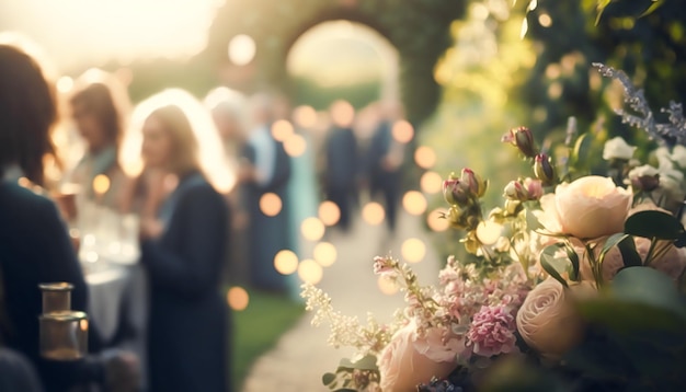 Foto bruiloftsgasten vieren op een prachtige buitenlocatie op een zonnige dag luxe bruiloftsdecoratie idee en decoratie inspiratie met bloemen feest evenement viering op het tuin landgoed generative ai