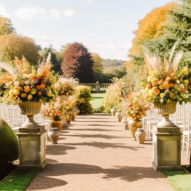 Foto bruiloftspad bloemendecoratie en huwelijksceremonie herfstbloemen en decoratie in de engelse landelijke tuin herfst landelijke stijl idee