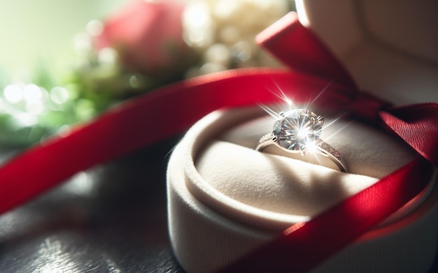 Bruiloftsring huwelijksvoorstel liefdesbekentenis diamanten ring lint en roos Valentijnsdag liefde