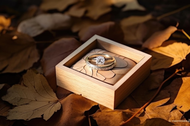 Bruiloftsringen op een houten doos met bladeren