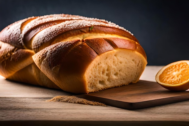 Bruin en gezwollen brood op tafel met wat sesam en bloem erop