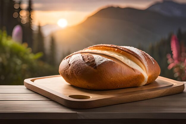 Bruin en gezwollen brood op tafel met wat sesam en bloem erop