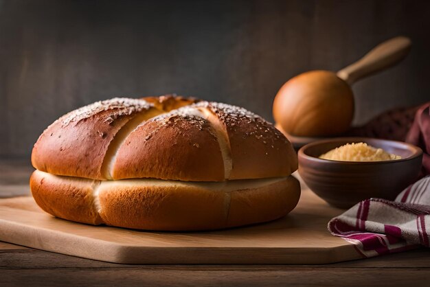 Bruin en gezwollen brood op tafel met wat sesam en bloem erop