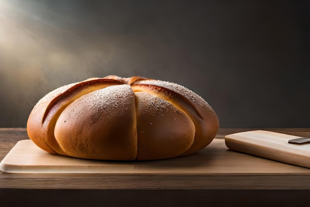 Bruin en gezwollen brood op tafel met wat sesam en bloem erop