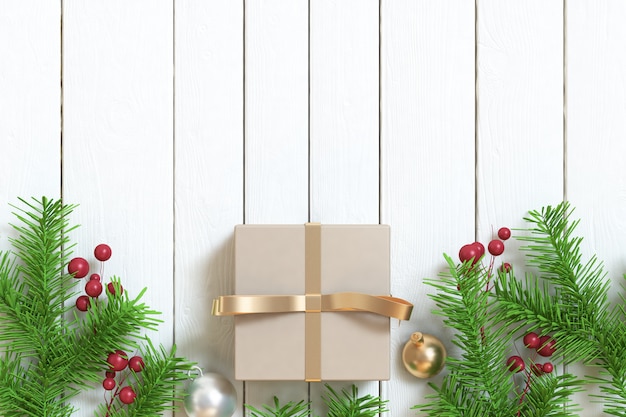 bruin geschenkdoos goud lint blad kerst houten vloer bovenaanzicht