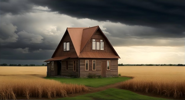 Bruin houten huis op landbouwgrond onder bewolkte hemel gegenereerd ai
