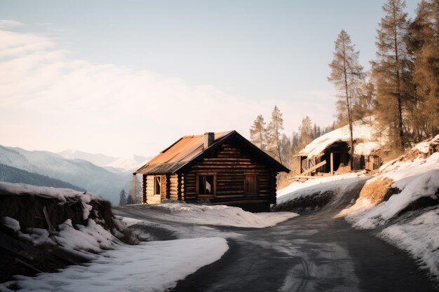 Bruin houten huis op sneeuwbedekte grond overdag