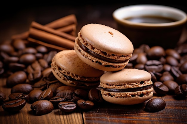 Bruin macarons dessert met koffiebonen op houten ondergrond