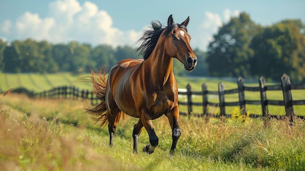 Bruin paard dat in het grasveld loopt