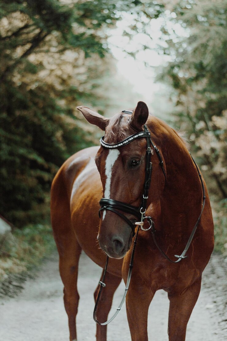 Foto bruin paard staat op de weg.