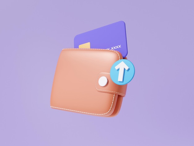 Bruin portemonnee pictogram concept zwevend met groeien pijl debet creditcard financiën winkelen online betalingen uitwisseling op geïsoleerde paarse achtergrond banner minimale cartoon 3d render illustratie