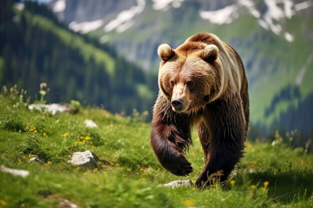 Bruine beer beweegt zich op de groene weide in de lente natuur