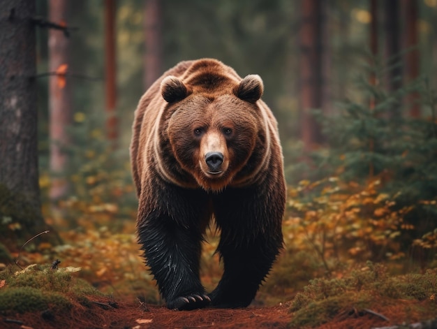 Bruine beer die langzaam door het bos loopt