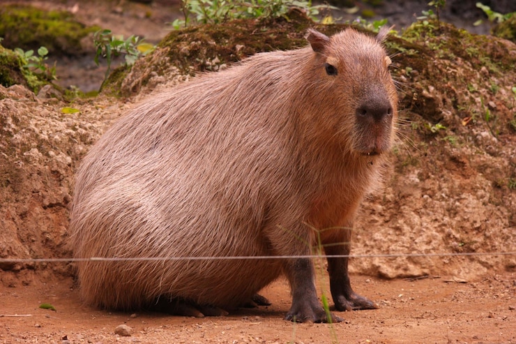 Foto bruine capybara die op de grond staat