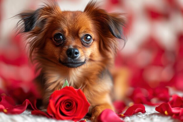 Bruine Chihuahua Hond met Rose Flower extreme close-up Generatieve AI
