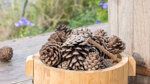 Foto bruine denneappel op een houten lijst.