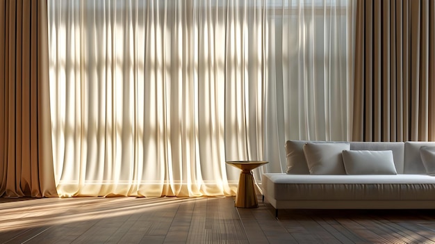 Bruine en witte gordijnen in de moderne horizontale compositie van de kamer Zonnige dag in de kamer