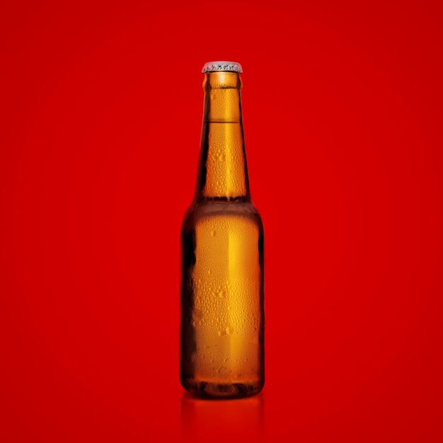 Bruine fles vers bier met druppels condensatie op een rode achtergrond 3D render