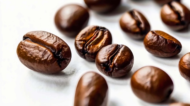 Bruine geroosterde koffiebonen in een koffiebeker op een witte achtergrond