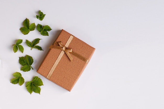 Bruine geschenkdoos met een strik en groene frambozenbladeren aan de zijkant op een witte achtergrond