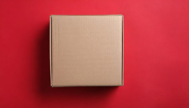 Bruine gesloten kartonnen dozen op rode achtergrond Craft eco-pakket Flat lay