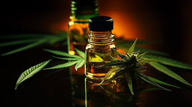 Bruine glazen fles met cannabis CBD olie met hennepbladeren op de houten achtergrond van de tafel