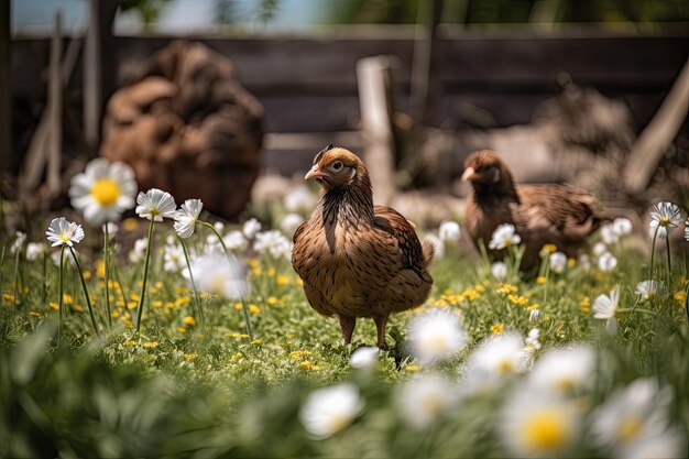 Foto bruine hen met kuikens in het veld bij stal generatieve ia