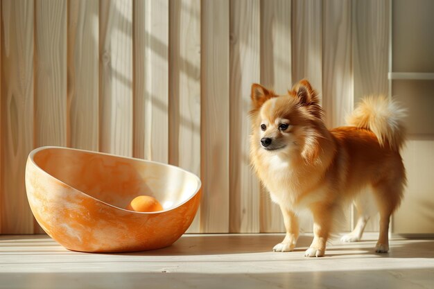 Bruine hond die naast een schaal staat De achtergrond is licht en minimalistisch