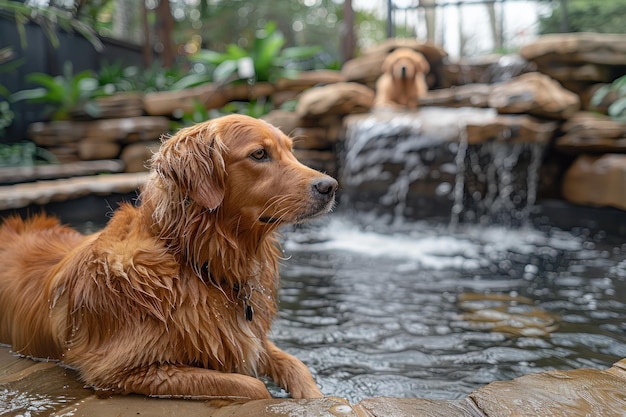 Bruine hond zit in het water.