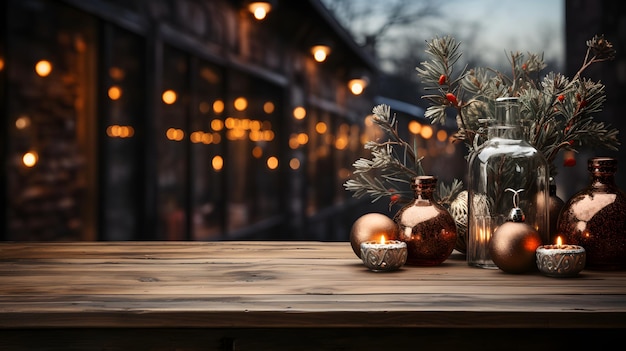 Bruine houten tafel met kopieerruimte en kerstkamer op de achtergrond