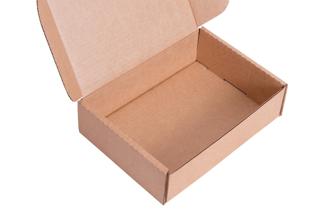 Bruine kartonnen kartonnen doos, plat, geïsoleerd, leeg van binnen