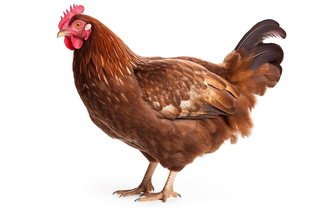 Bruine kip die op een witte achtergrond staat en met heldere ogen naar de camera kijkt