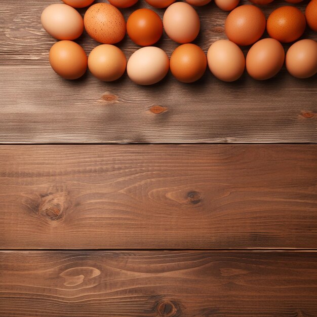 Bruine kippen eieren op een houten tafel met kopieerruimte