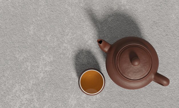 Bruine klei theepot en een theekop of klei theekop wit binnen met gouden gele thee geplaatst op het cementoppervlak of wit gips heeft een schaduwrijk object veroorzaakt door zonlicht 3D rendering