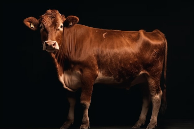 Bruine koe geïsoleerd op zwarte achtergrond front view studio opname