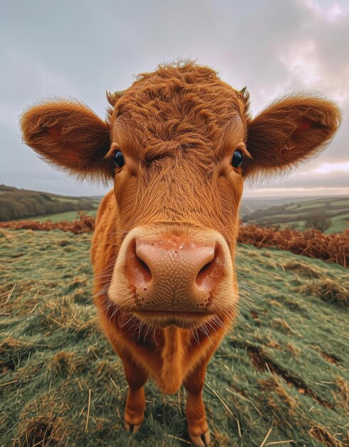 Bruine koe kijkt recht in de camera lens