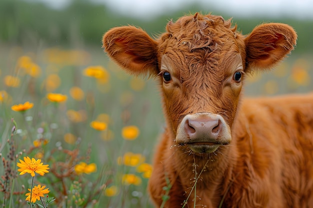 Bruine koe staat in een veld van gele bloemen Generatieve AI