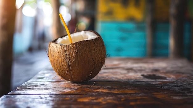 Foto bruine kokosnoot aan het strand open met vers kokoswater om af te koelen in de hitte
