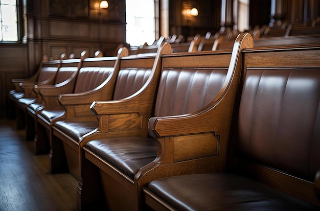 bruine lederen stoelen in de banken in de stijl van verschillende houtkorrels