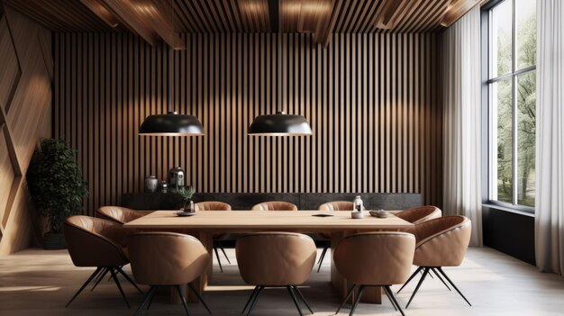 Bruine leren stoelen aan een houten eettafel in een kamer met een houten plafond aan het plafond Generatieve AI